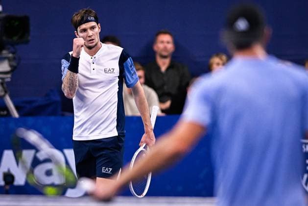 Kazach Alexander Bublik celebrates during a singles semi final match at the European Open Tennis ATP, Tennis Herren tournament, in Antwerp, Saturday 21 October 2023. LAURIExDIEFFEMBACQ  x78191355x