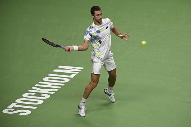 Laslo Djere of Serbia in action during the semifinal against Gael Monfils of France during the ATP Nordic Open tennis tournament in the Royal Tennis Hall in Stockholm, Sweden, on Oct 21, 2023 STOCKHOLM SWEDEN TENNIS x10040x  Copyright: xAndersxWiklund TTx SWEDEN TENNIS NORDIC OPEN