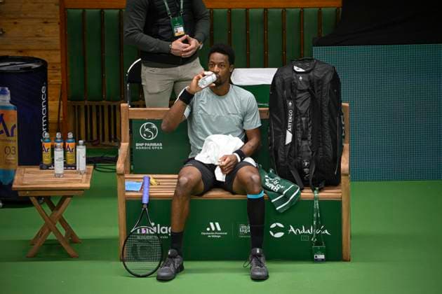 Gael Monfils of France takes a break during the semifinal against Laslo Djere of Serbia during the ATP Nordic Open tennis tournament in the Royal Tennis Hall in Stockholm, Sweden, on Oct 21, 2023 STOCKHOLM SWEDEN TENNIS x10040x  Copyright: xAndersxWiklund TTx SWEDEN TENNIS NORDIC OPEN