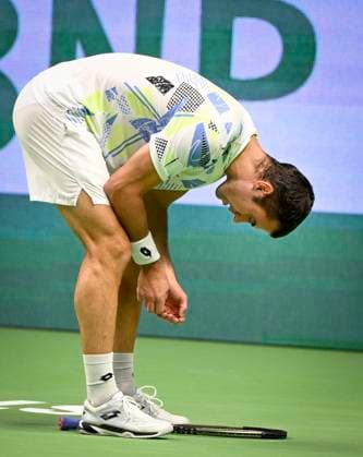 Laslo Djere of Serbia reacts during the semifinal against Gael Monfils of France during the ATP Nordic Open tennis tournament in the Royal Tennis Hall in Stockholm, Sweden, on Oct 21, 2023 STOCKHOLM SWEDEN TENNIS x10040x  Copyright: xAndersxWiklund TTx SWEDEN TENNIS NORDIC OPEN