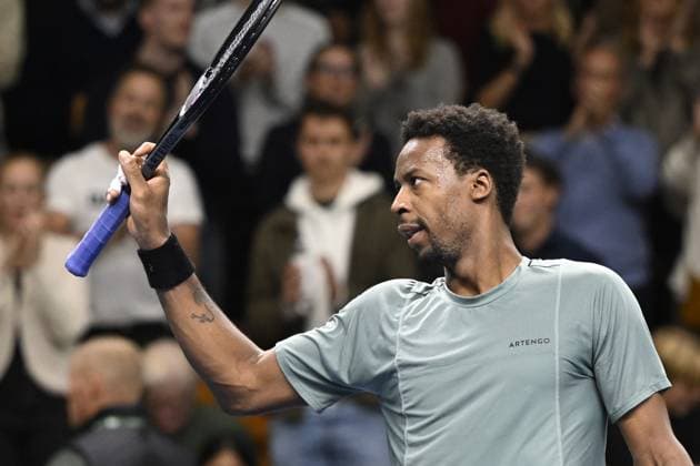 Gael Monfils of France gestures after winning the semifinal against Laslo Djere of Serbia during the ATP Nordic Open tennis tournament in the Royal Tennis Hall in Stockholm, Sweden, on Oct 21, 2023 STOCKHOLM SWEDEN TENNIS x10040x  Copyright: xAndersxWiklund TTx SWEDEN TENNIS NORDIC OPEN