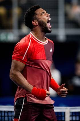 French Arthur Fils celebrates winning his match a singles semi final match at the European Open Tennis ATP, Tennis Herren tournament, in Antwerp, Saturday 21 October 2023. JASPERxJACOBS  x78201141x