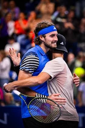 Greek Stefanos Tsitsipas and Greek Petros Tsitsipas celebrate after winning a singles semi final match at the European Open Tennis ATP, Tennis Herren tournament, in Antwerp, Saturday 21 October 2023. LAURIExDIEFFEMBACQ  x78216289x