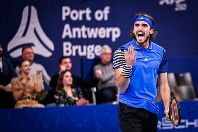 Bilder des Jahres 2023, Sport 10 Oktober Sport Themen der Woche KW42 Greek Stefanos Tsitsipas reacts during a singles semi final match at the European Open Tennis ATP, Tennis Herren tournament, in Antwerp, Saturday 21 October 2023. LAURIExDIEFFEMBACQ  x78216513x