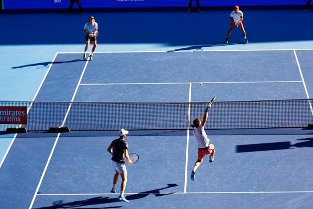 October 22, 2023, Tokyo, Japan: (UP L to R) Max PURCELL (AUS) and Rinky HIJIKATA (AUS) in action against Michael VENUS (NZL) and Jamie MURRAY (GBR) during their doubles final match of the Kinoshita Group Japan Open Tennis Championships 2023 at the Ariake Coliseum. This is the longest-running ATP, Tennis Herren Tour tournament in Asia, first held in 1972. The tournament runs from October 16 to 22. Hijikata and Purcel won 6-4, 6-1. Tokyo Japan - ZUMAm191 20231022_aap_m191_004 Copyright: xRodrigoxReyesxMarinx