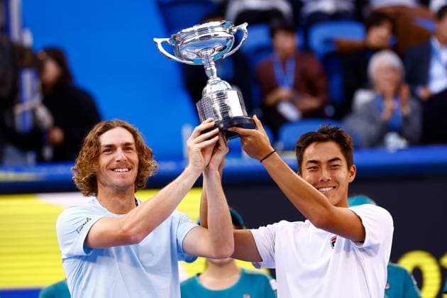 October 22, 2023, Tokyo, Japan: (L to R) Max PURCELL (AUS) and Rinky HIJIKATA (AUS) pose for the cameras after winning the doubles final match of the Kinoshita Group Japan Open Tennis Championships 2023 at the Ariake Coliseum. This is the longest-running ATP, Tennis Herren Tour tournament in Asia, first held in 1972. The tournament runs from October 16 to 22. Tokyo Japan - ZUMAm191 20231022_aap_m191_006 Copyright: xRodrigoxReyesxMarinx