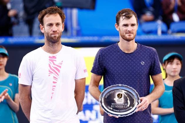 October 22, 2023, Tokyo, Japan: (L to R) Michael VENUS (NZL) and Jamie MURRAY (GBR) (runners-up) pose for the cameras during the award ceremony of the Kinoshita Group Japan Open Tennis Championships 2023 at the Ariake Coliseum. This is the longest-running ATP, Tennis Herren Tour tournament in Asia, first held in 1972. The tournament runs from October 16 to 22. Tokyo Japan - ZUMAm191 20231022_aap_m191_009 Copyright: xRodrigoxReyesxMarinx