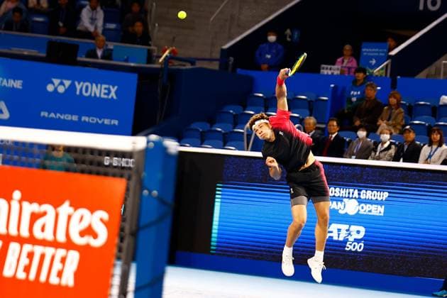 October 22, 2023, Tokyo, Japan: Ben Shelton (USA) serves against Aslan KARATSEV (RUS) during their singles final match of the Kinoshita Group Japan Open Tennis Championships 2023 at the Ariake Coliseum. This is the longest-running ATP, Tennis Herren Tour tournament in Asia, first held in 1972. The tournament runs from October 16 to 22. Tokyo Japan - ZUMAm191 20231022_aap_m191_018 Copyright: xRodrigoxReyesxMarinx
