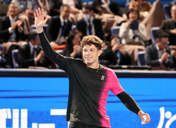 October 22, 2023, Tokyo, Japan - Ben Shelton of the United States reacts to the audience as he won the Japan Open tennis championships at the Ariake Colosseum in Tokyo on Suniday, October 22, 2023. Shelton defeated Aslan Karatsev of Russia in the final. (photo by Yoshio Tsunoda AFLO) Noxthirdxpartyxsales  (0309706059st)