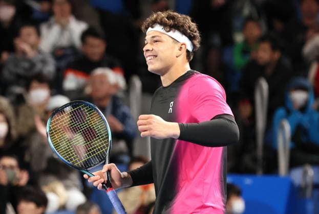 October 22, 2023, Tokyo, Japan - Ben Shelton of the United States clinches his fist as he won the Japan Open tennis championships at the Ariake Colosseum in Tokyo on Suniday, October 22, 2023. Shelton defeated Aslan Karatsev of Russia in the final. (photo by Yoshio Tsunoda AFLO) Noxthirdxpartyxsales  (0309706102st)
