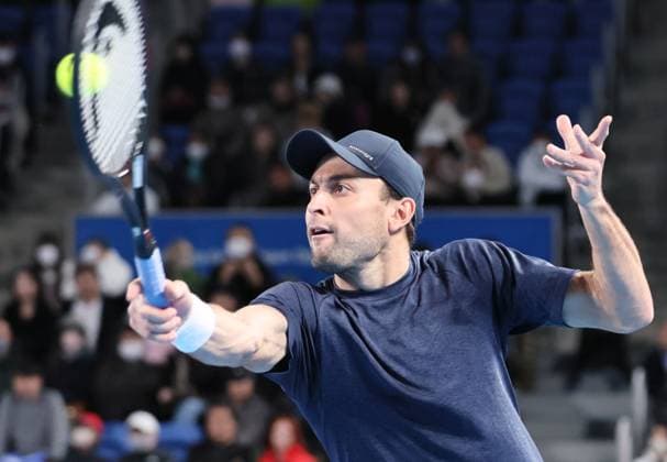 October 22, 2023, Tokyo, Japan - Aslan Karatsev of Russia returns the ball against Ben Shelton of the United States during the final of the Japan Open tennis championships at the Ariake Colosseum in Tokyo on Suniday, October 22, 2023. Shelton defeated Aslan Karatsev of Russia in the final. (photo by Yoshio Tsunoda AFLO) Noxthirdxpartyxsales  (0309706151st)