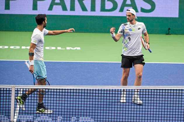 STOCKHOLM 20231022 Yuki Bhambri tv , India, and Julian cash, Great Britain in the final of the mens doubles during the Nordic Open tennis tournament at the Royal Tennis Hall STOCKHOLM SWEDEN x10040x  Copyright: xAndersxWiklund TTx TENNIS NORDIC OPEN 2023