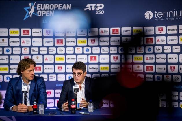 European Open tournament director Dick Norman and CEO Tennium, Kristoff Puelinckx talk to the press ahead of the final day of the European Open Tennis ATP, Tennis Herren tournament, in Antwerp, Sunday 22 October 2023. JASPERxJACOBS  x78266084x