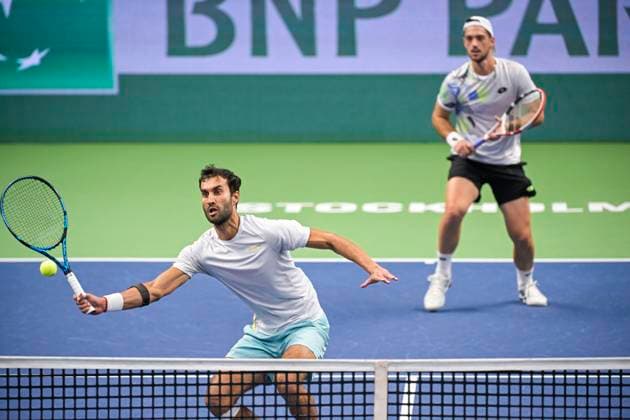 Yuki Bhambri left , India, and Julian Cash, Great Britain in the men s doubles final during the Nordic Open tennis tournament at the Royal Tennis Hall Stockholm, Sweden, 22 October, 2023 STOCKHOLM SVERIGE x10040x  Copyright: xAndersxWiklund TTx TENNIS NORDIC OPEN 2023
