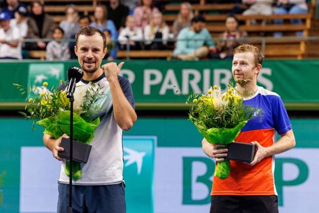 231022 Winners Denys Molchanov of Ukraine and Andrey Golubev of Kazakhstan during day 9 of the Nordic Open tennis tournament on October 22, 2023 in Stockholm Photo Michael Campanella BILDBYRAN COP 313 MC0070 tennis nordic open day 9 finals bbeng jubel  Copyright: MICHAELxCAMPANELLA BB231022MC035