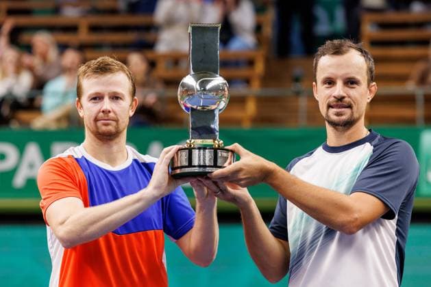 231022 Winners Andrey Golubev of Kazakhstan and Denys Molchanov of Ukraine with the trophy during day 9 of the Nordic Open tennis tournament on October 22, 2023 in Stockholm Photo Michael Campanella BILDBYRAN COP 313 MC0070 tennis nordic open day 9 finals bbeng jubel  Copyright: MICHAELxCAMPANELLA BB231022MC038