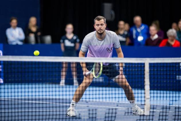 Adam Pavlasek pictured in action during the doubles final match between the brothers Tsitsipas and Urugayan-Czech couple Behar - Pavlasek, at the European Open Tennis ATP, Tennis Herren tournament, in Antwerp, Sunday 22 October 2023. JASPERxJACOBS  x78270450x