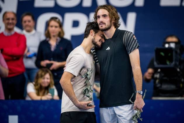 Greek Petros Tsitsipas and Greek Stefanos Tsitsipas celebrate winning their match the doubles final match between the brothers Tsitsipas and Urugayan-Czech couple Behar - Pavlasek, at the European Open Tennis ATP, Tennis Herren tournament, in Antwerp, Sunday 22 October 2023. JASPERxJACOBS  x78275807x