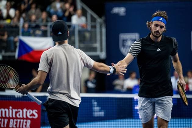 Greek Petros Tsitsipas and Greek Stefanos Tsitsipas pictured in action during the doubles final match between the brothers Tsitsipas and Urugayan-Czech couple Behar - Pavlasek, at the European Open Tennis ATP, Tennis Herren tournament, in Antwerp, Sunday 22 October 2023. JASPERxJACOBS  x78275965x