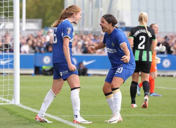 Kington Upon Thames, England, 22nd October 2023. Sjoeke Nusken of Chelsea celebrates with Sam Kerr after scoring to make it 1-1 during the The FA Women s Super League match at Kingsmeadow, Kington Upon Thames. Picture credit should read: Paul Terry Sportimage EDITORIAL USE ONLY. No use with unauthorised audio, video, data, fixture lists, club league logos or live services. Online in-match use limited to 120 images, no video emulation. No use in betting, games or single club league player publications. SPI-2670-0019