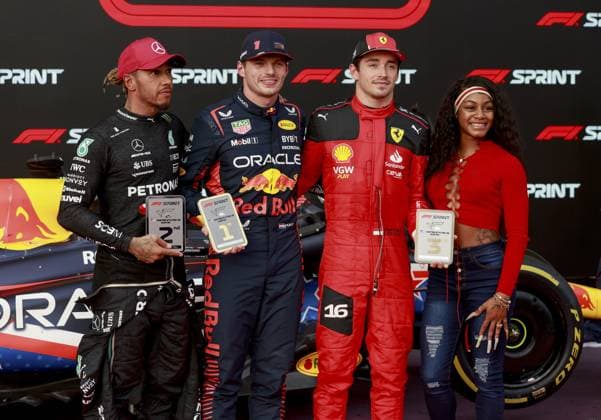 HAMILTON Lewis (gbr), Mercedes AMG F1 Team W14, portrait VERSTAPPEN Max (ned), Red Bull Racing RB19, portrait LECLERC Charles (mco), Scuderia Ferrari SF-23, portrait Sha Carri Richardson, athlete portrait during the 2023 Formula 1 Lenovo United States Grand Prix, 18th round of the 2023 Formula One World Championship, WM, Weltmeisterschaft from October 20 to 22, 2023 on the Circuit of The Americas, in Austin, USA - F1 - US GRAND PRIX 2023 DPPI Panoramic 00123040_F12023GP19TEX_JK209819