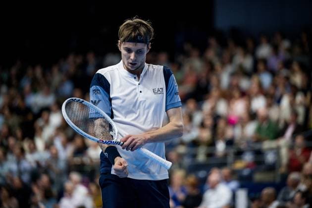 Kazach Alexander Bublik pictured in action during the singles final match between Bublik and Fils, at the European Open Tennis ATP, Tennis Herren tournament, in Antwerp, Sunday 22 October 2023. JASPERxJACOBS  x78288183x