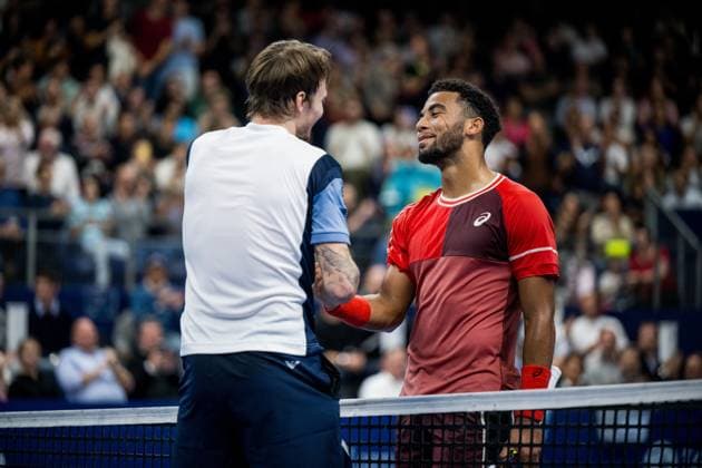 Kazach Alexander Bublik and French Arthur Fils pictured after the singles final match between Bublik and Fils, at the European Open Tennis ATP, Tennis Herren tournament, in Antwerp, Sunday 22 October 2023. JASPERxJACOBS  x78288250x