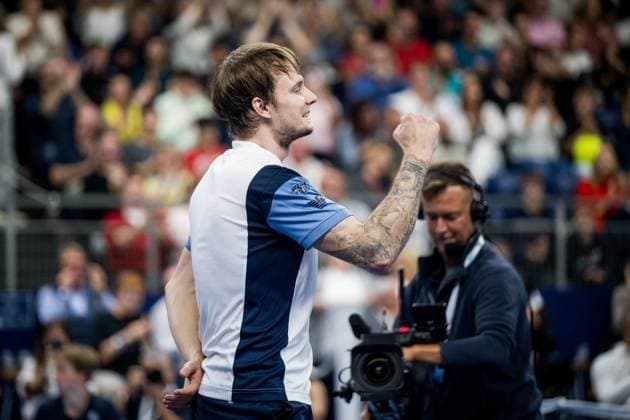 Kazach Alexander Bublik celebrates winning his match the singles final match between Bublik and Fils, at the European Open Tennis ATP, Tennis Herren tournament, in Antwerp, Sunday 22 October 2023. JASPERxJACOBS  x78288272x