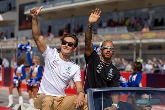 AUSTIN, TX - OCTOBER 22: Mercedes AMG Petronas F1 Team driver Lewis Hamilton (44) of the United Kingdom and Mercedes AMG Petronas F1 Team driver Geroge Russell (63) of the United Kingdom waive at fans during the driver parade before the Formula 1 Lenovo United States Grand Prix on October 22, 2023, at Circuit of The Americas in Austin, Texas. (Photo by David Buono Icon Sportswire) AUTO: OCT 22 F1 United States Grand Prix EDITORIAL USE ONLY Icon2310220541