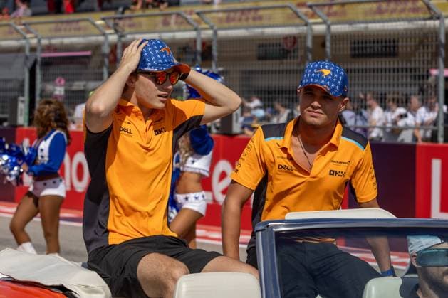 AUSTIN, TX - OCTOBER 22: McLaren F1 Team driver Lando Norris (4) of the United Kingdom and McLaren F1 Team driver Oscar Piastri (81) of Australia during the driver parade before the Formula 1 Lenovo United States Grand Prix on October 22, 2023, at Circuit of The Americas in Austin, Texas. (Photo by David Buono Icon Sportswire) AUTO: OCT 22 F1 United States Grand Prix EDITORIAL USE ONLY Icon2310220571