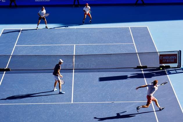 October 22, 2023, Tokyo, Japan: (UP L to R) Max PURCELL (AUS) and Rinky HIJIKATA (AUS) in action against Michael VENUS (NZL) and Jamie MURRAY (GBR) during their doubles final match of the Kinoshita Group Japan Open Tennis Championships 2023 at the Ariake Coliseum. This is the longest-running ATP, Tennis Herren Tour tournament in Asia, first held in 1972. The tournament runs from October 16 to 22. Hijikata and Purcel won 6-4, 6-1. Tokyo Japan - ZUMAm191 20231022_aap_m191_002 Copyright: xRodrigoxReyesxMarinx