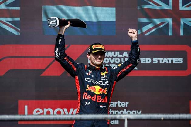 VERSTAPPEN Max (ned), Red Bull Racing RB19, portrait celebration victory podium during the 2023 Formula 1 Lenovo United States Grand Prix, 18th round of the 2023 Formula One World Championship, WM, Weltmeisterschaft from October 20 to 22, 2023 on the Circuit of The Americas, in Austin, USA - F1 - US GRAND PRIX 2023 - RACE DPPI Panoramic  00123041__R3_3947