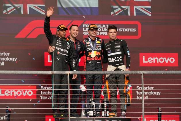 October 22, 2023, Austin, TX, USA: Oct. 22, 2023: Lewis Hamilton 44, Max Verstappen 1 and Lando Norris 4 during the FIA Formula 1 Lenovo United States Grand Prix in Austin Tx at Circuit of the Americas. Brook Ward Austin USA - ZUMAa234 20231022_zsa_a234_015 Copyright: xAMGx