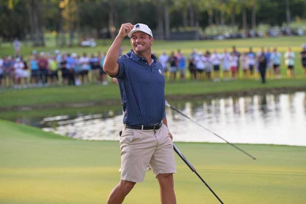 DORAL, FL - OCTOBER 22: Captain Bryson DeChambeau of Crushers GC celebrates his win, during day three of the LIV Golf Invitational - Miami on October 22, 2023, at Trump National Doral Miami in Doral, Florida. (Photo by Michele Eve Sandberg Icon Sportswire) GOLF: OCT 22 LIV Golf Miami EDITORIAL USE ONLY Icon2310214492