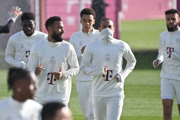 Eric Maxim Choupo Moting Bayern Muenchen mt Leroy SANE Bayern Muenchen , hi v li Alphonso DAVIES Bayern Muenchen , Jamal MUSIALA Bayern Muenchen , Noussair Mazraoui Bayern Muenchen final training FC Bayern before the CL match against Galatasaray Istanbul on 23 10 2023,
