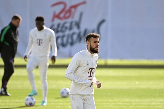 Noussair Mazraoui Bayern Muenchen in front of banner RED AGAINST RACISM final training FC Bayern before the CL match against Galatasaray Istanbul on 23 10 2023,