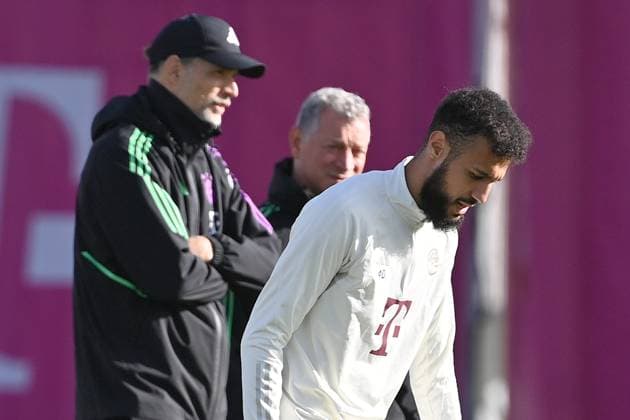 Noussair Mazraoui Bayern Muenchen , hi coach Thomas TUCHEL Bayern Muenchen final training FC Bayern before the CL match against Galatasaray Istanbul on 23 10 2023,