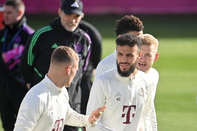 Noussair Mazraoui Bayern Muenchen with Joshua KIMMICH Bayern Muenchen and Matthijs DE LIGT Bayern Muenchen,re Hi coach Thomas TUCHEL Bayern Muenchen final training FC Bayern before the CL match against Galatasaray Istanbul on 23 10 2023,