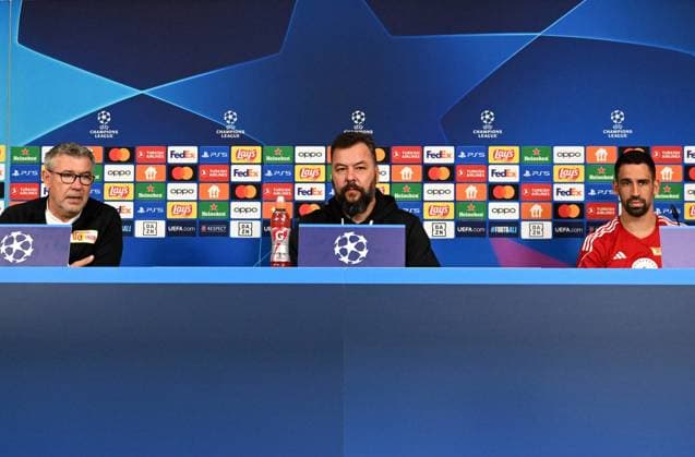 Football, men, season 2023 2024, Champions League, press conference of 1 FC Union Berlin at the stadium An der Alten Försterei the day before the match against SSC Napoli, f l coach Urs Fischer 1 FC Union Berlin , stadium and press spokesman Christian Arbeit 1 FC Union Berlin , Rani Khedira 1 FC Union Berlin , 23 10 2023, Copyright: xMatthiasxKochx