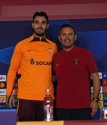 Kaan Ayhan and Coach Okan Buruk of Galatasaray during the press conference, PK, Pressekonferenz the day before the UEFA Champions League match between Galatasaray and Bayern Munich on October 24 , 2023 at Rams Park October 23 , 2023 in Istanbul, Turkey. ( Photo by Seskimphoto ) 