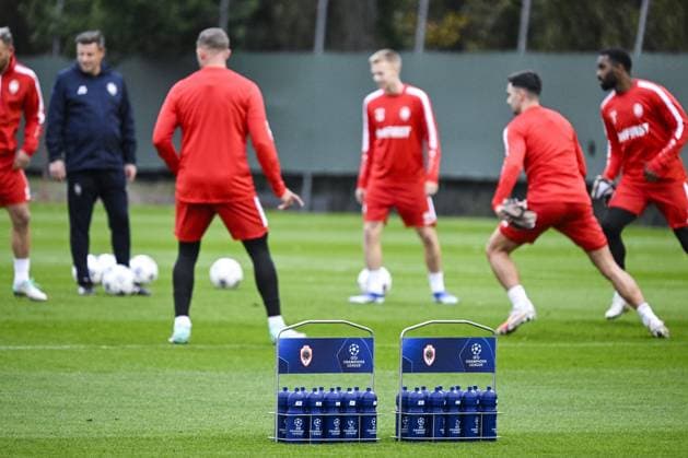 Illustration picture shows Champions League water bottles during a training of Belgian soccer team Royal Antwerp FC, on Tuesday 24 October 2023 in Antwerp. The team is preparing for tomorrow s game against Portuguese club FC Porto, on day three of the Champions League group stage, in the group H. TOM GOYVAERTS TomxGoyvaerts  x78411883x