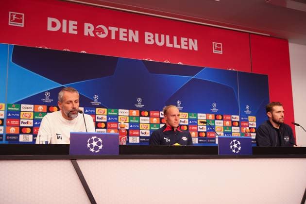 RB Leipzig PK Champions League Leipzig, 24 10 2023, RB Leipzig Football Academy, UEFA Champions League , RB Leipzig press conference the day before RBL v Red Star Belgrade Fudbalski klub Crvena zvezda , In picture f l coach Marco Rose RB Leipzig , Xaver Schlager 24, RB Leipzig and RBL press officer Till Müller ,
