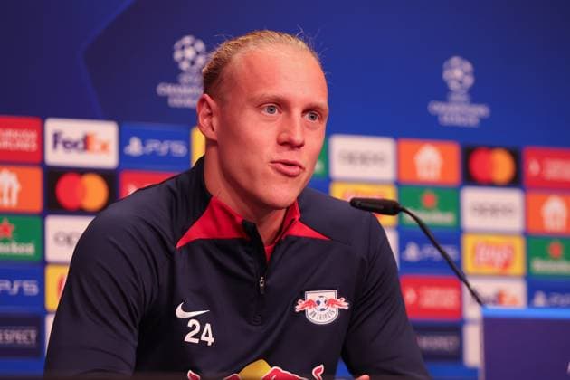 RB Leipzig PK Champions League Leipzig, 24 10 2023, RB Leipzig Football Academy, UEFA Champions League , RB Leipzig press conference the day before RBL v Red Star Belgrade Fudbalski klub Crvena zvezda , Pictured Xaver Schlager 24, RB Leipzig ,