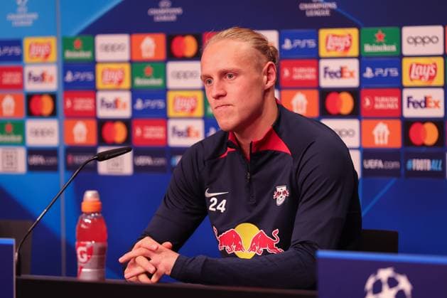RB Leipzig PK Champions League Leipzig, 24 10 2023, RB Leipzig Football Academy, UEFA Champions League , RB Leipzig press conference the day before RBL v Red Star Belgrade Fudbalski klub Crvena zvezda , Pictured Xaver Schlager 24, RB Leipzig ,