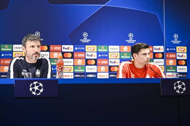 Antwerp s head coach Mark van Bommel and Antwerp s Jurgen Peter Ekkelenkamp pictured during a press conference, PK, Pressekonferenz of Belgian soccer team Royal Antwerp FC, on Tuesday 24 October 2023 in Antwerp. The team is preparing for tomorrow s game against Portuguese club FC Porto, on day three of the Champions League group stage, in the group H. TOM GOYVAERTS TomxGoyvaerts  x78416485x