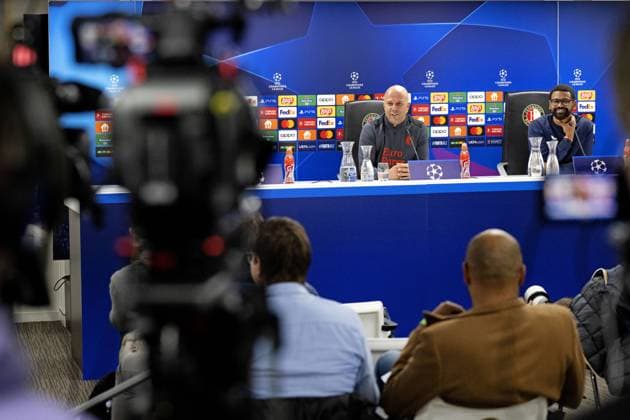 ROTTERDAM - Coach of Feyenoord Arne Slot during the MD-1 press conference, PK, Pressekonferenz prior to the UEFA Champions League match against SS Lazio Roma at Feyenoord Stadion de Kuip on October 24, 2023 in Rotterdam, Netherlands. ANP OLAF KRAAK UEFA Champions League 2023 24 2023 2024 xVIxANPxSportx xxANPxIVx 481988125 originalFilename: 481988125.jpg