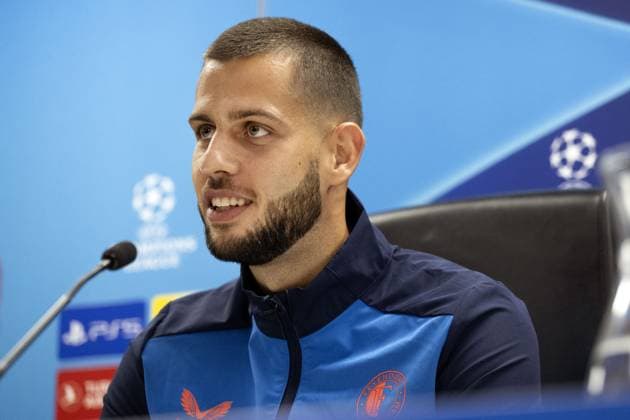 ROTTERDAM - David Hancko during the MD-1 press conference, PK, Pressekonferenz prior to the UEFA Champions League match against SS Lazio Roma at Feyenoord Stadion de Kuip on October 24, 2023 in Rotterdam, Netherlands. ANP OLAF KRAAK UEFA Champions League 2023 24 2023 2024 xVIxANPxSportx xxANPxIVx 481988199 originalFilename: 481988199.jpg
