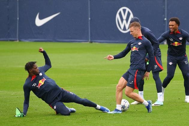 RB Leipzig training Championsleague Leipzig, 24 10 2023, training center at Cottaweg, season 2023 2024, UEFA Champions League , RB Leipzig final training before the match against Red Star Belgrade , In picture f l Castello Lukeba and Dani Olmo ,