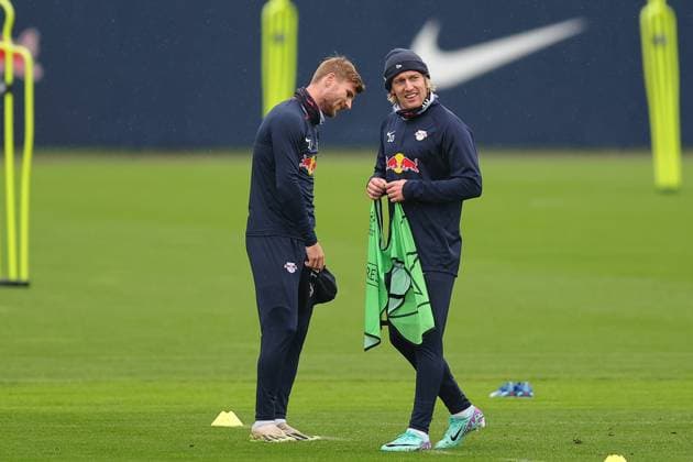 RB Leipzig training Championsleague Leipzig, 24 10 2023, training center at Cottaweg, season 2023 2024, UEFA Champions League , RB Leipzig final training before the match against Red Star Belgrade , In picture f l Timo Werner and Emil Forsberg ,