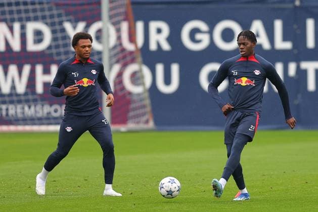 RB Leipzig training Championsleague Leipzig, 24 10 2023, training center at Cottaweg, season 2023 2024, UEFA Champions League , RB Leipzig final training before the match against Red Star Belgrade , In picture f l Lois Openda and Castello Lukeba ,